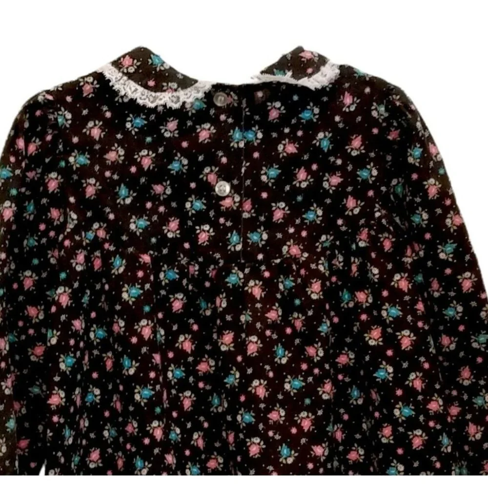 Vintage Winnie The Pooh Size 5 Black‎ Floral Prairie Dress Lace Trim Longsleeve